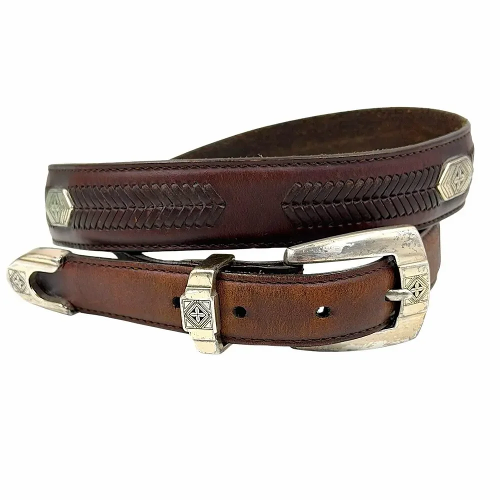 VTG Onyx by Brighton Brown Leather Dress Belt Silver Hardware Men Size 36 Y2K